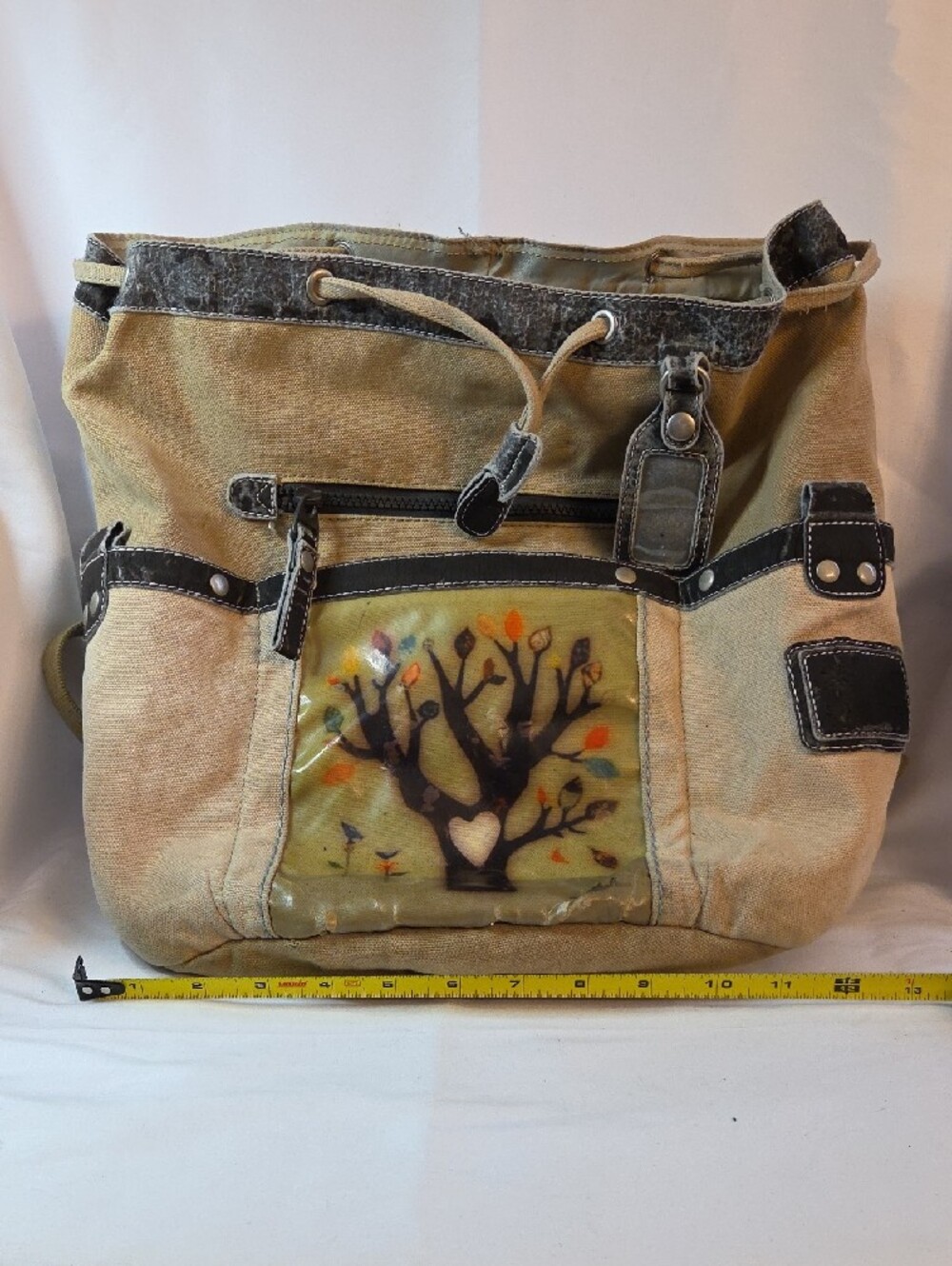 Canvas Tree-Print Drawstring Backpack - Beige - Picture 12 of 13